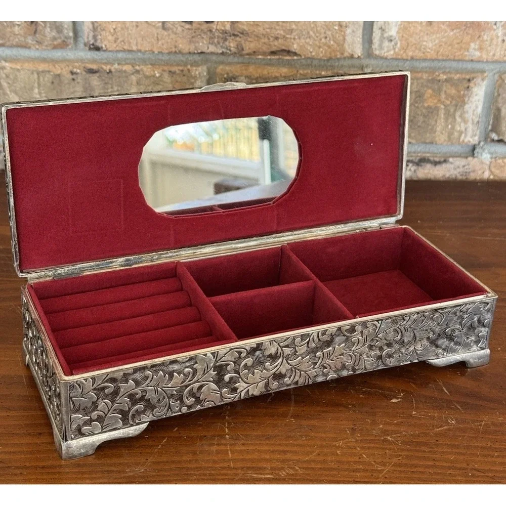 Vintage Jewelry Casket Silver Tone Floral Etched‎ Box w/ Red Velvet Lining Heavy